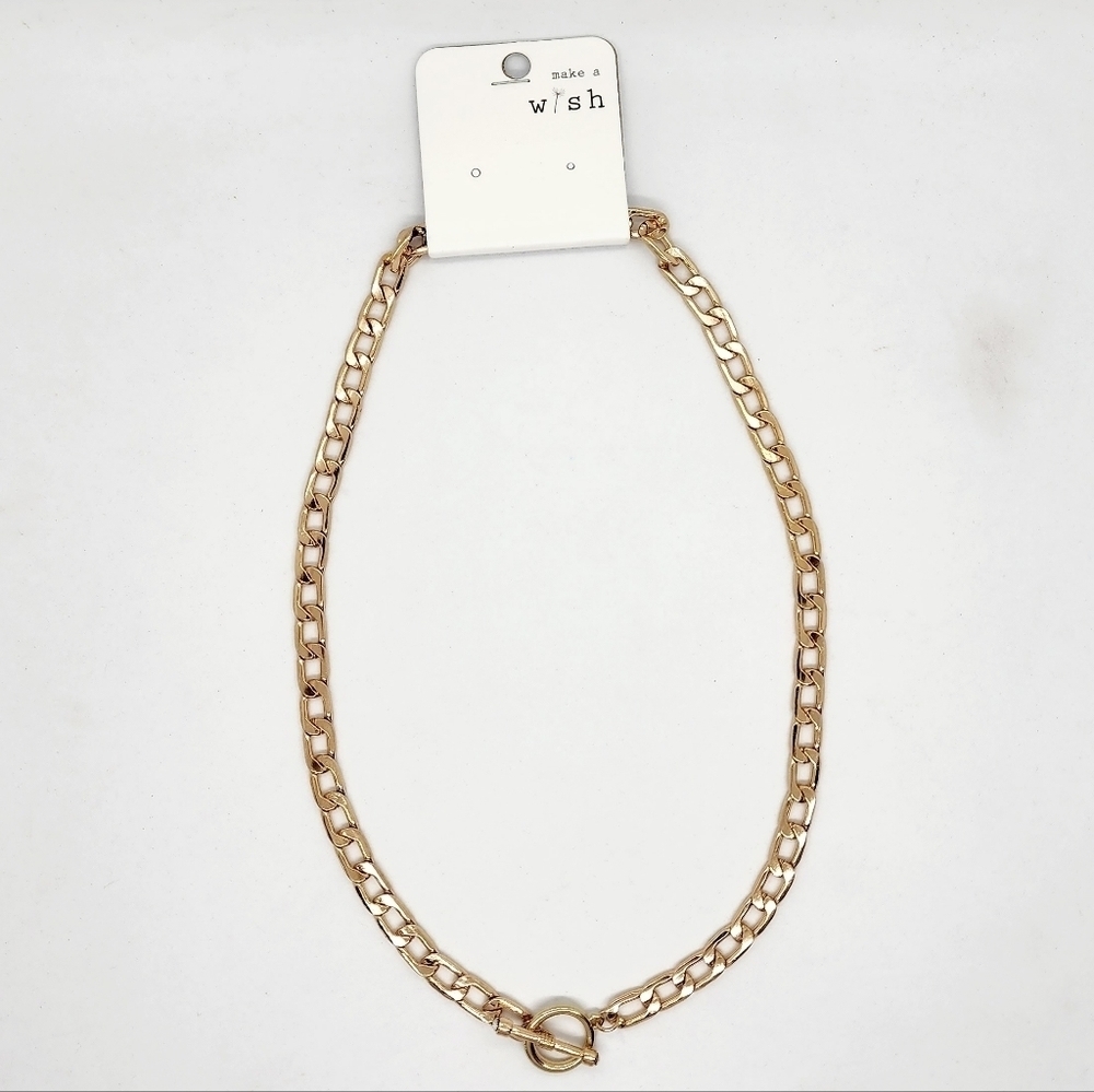 Make a Wish 10" Gold Flat Curb Chain Necklace w/ Jeweled Toggle Lobster Clasp - Picture 4 of 4